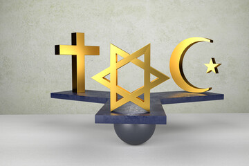 Equal rights concept: Equality of religions. A christian cross, a jewish star of david and an...