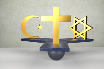 Equal rights concept: Equality of religions. An islamic star and crescent, a christian cross and a...