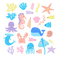 Set of cute cartoon marine life - whale, octopus, crab, jellyfish, fish and algae. Vector graphics, pastel colors on white background. For decorating notebooks, packaging, posters