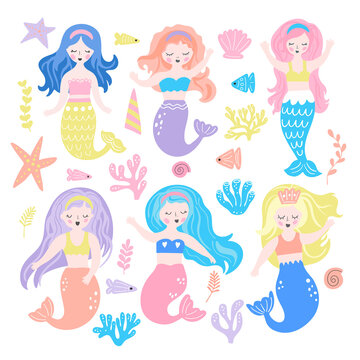 Set of cute cartoon mermaid, algae and marine life in vector graphics, on white background. For the design of posters, notebook covers, mugs, prints for t-shirts, childrens clothing