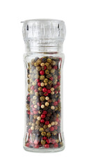 pepper mill with different types of pepper isolated on white