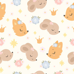 seamless pattern with cute animal fox and mouse muzzles. spring bloom, pastel background