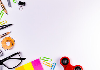 Top shot of stationary goods on white background with copy space in art and craft concept.