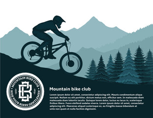 Vector mountain biking illustration with a cyclist, mountains and pines