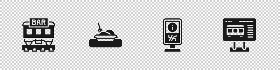 Set Restaurant train, Plate with food, Information stand and Ticket office to buy tickets icon. Vector