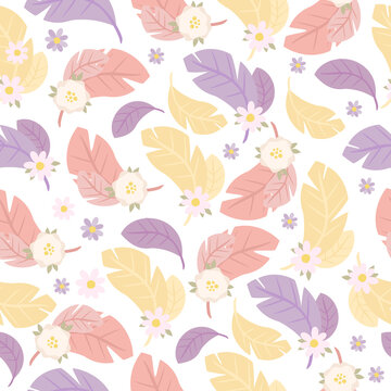 seamless pastel boho pattern with feathers. airy pastel background