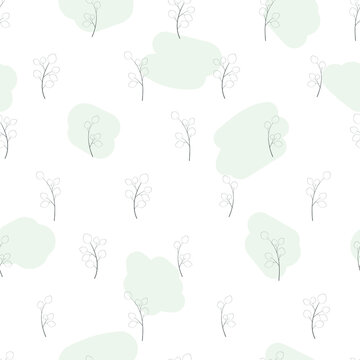 Eucalyptus leaves and branches vector illustration seamless pattern on white background with colous spots
