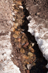 A small stream with melted snow water, a spring, a city park.