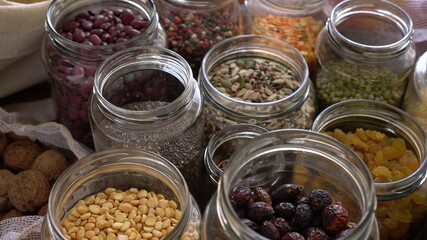 Grocery stock, food reserve. Glass Cereal Jars. Zero Waste Shopping. Shop in Bulk. Buying and Storage Food Package free. Reduce packaging waste. Healthy eating