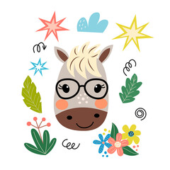Image of a cute cartoon horse with flowers, leaves and stars, in vector graphics, on a white background. For the design of posters, prints for t-shirts, mugs, notebook covers