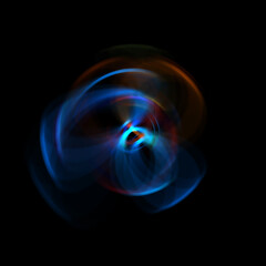 Spinning rays of light isolated on black background. Graphic 2D illustration of glowing colorful light particles in circular motion.