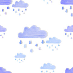 Seamless pattern with watercolor clouds and rain. Modern illustration on a white background. Design for children's textiles, decor for children's rooms.