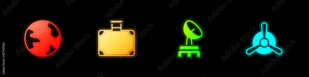 Sticker Set Worldwide, Suitcase, Radar and Plane propeller icon. Vector