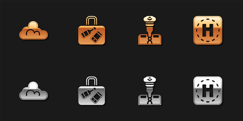 Set Cloud weather, Suitcase, Pilot and Helicopter landing pad icon. Vector