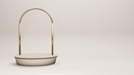 3D rendering of a minimalistic beige podium or stage accompanied by luxurious gold curved columns. Suitable for product background