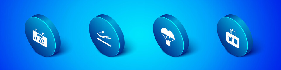 Set Isometric Airport board, Box flying on parachute, Suitcase and Plane takeoff icon. Vector