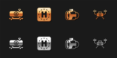 Set Fuel tanker truck, Helicopter landing pad, Jet engine turbine and Drone flying icon. Vector