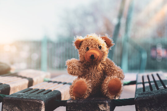 Happy teddy bear with smiling face sitting on wooden bridge on sunny day summer, Brown bear doll sitting alone in outdoors playground with blurry bokeh of morning sunlight background on spring