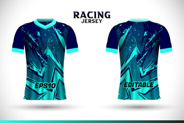 Sports racing jersey design. Front back t-shirt design. Templates for team uniforms. Sports design for football, racing, gaming jersey. Vector.