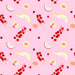 Seamless pattern with a glass cup, apple, pear, peach slices, apricot, red currant. For prints, backgrounds, wrapping paper, textile, wallpaper, etc. 