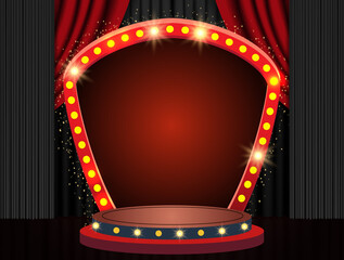 Background with red curtain, podium and retro arch banner. Design for presentation, concert, show