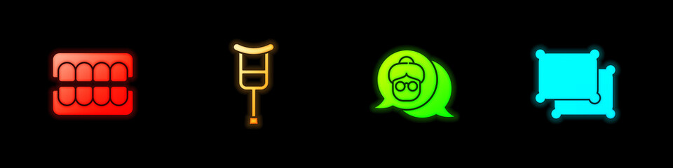 Set False jaw, Crutch or crutches, Grandmother and Pillow icon. Vector