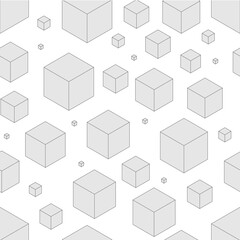 Isometric gray squares of different sizes on a white background, seamless pattern