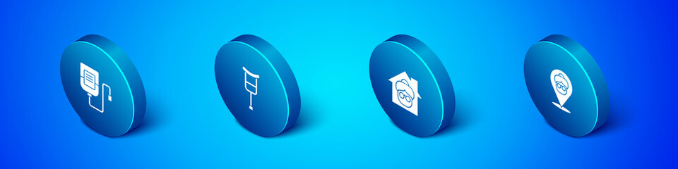 Set Isometric IV bag, Nursing home, and Crutch or crutches icon. Vector