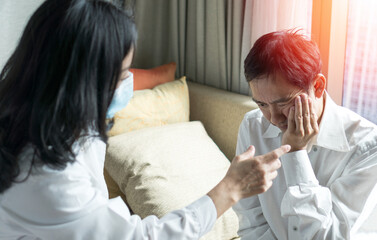 Temporomandibular Joint and Muscle Disorder: TMD concept. Man hand on cheek face as suffering from...
