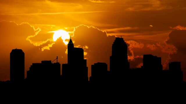  Raleigh Downtown at Sunset, Time Lapse with Red Sun and Fiery Sky, North Carolina, USA