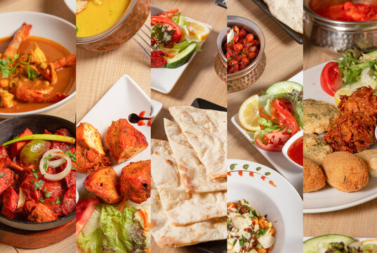 Collage of assorted Indian food on wooden background. Indian cuisine.