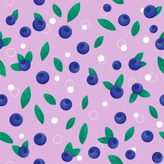 Seamless pattern of blueberries, green leaves and white bubbles on a light lilac background. Stock illustration for web, print, wallpaper, background, textile, wrapping paper, scrapbooking