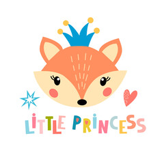 Image of cute cartoon fox face with lettering - little princess, in vector graphics, on a white background. For the design of posters, prints for t-shirts, mugs, notebook covers