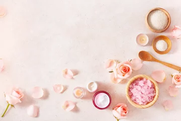Rolgordijnen skincare products and rose flowers. natural cosmetics for home spa treatment © Olga Miltsova