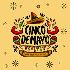Cinco de Mayo - May 5, a federal holiday in Mexico. Fiesta post design, flowers, decorations