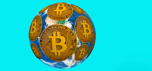 Planet Erde Globus. mit Bitcoin-Münzen. 3D-Rendering
