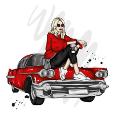 A beautiful girl in stylish clothes sits on a retro car. A glass of coffee. Fashion and style, clothing and accessories. - 427942542