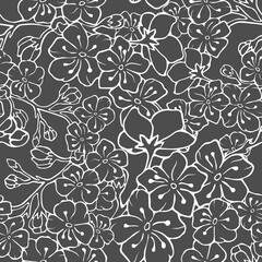 Seamless background with cherry blossoms. Vector illustration. Contour image. Stock vector. Cherry. Gray background. Graphite