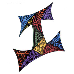 Hand-drawn Letter I Illustration. Colorful Zenart Monogram. Isolated Object on White Background.