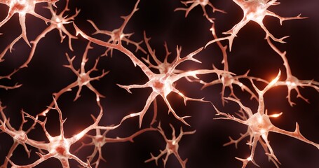 Brain cells, firing neurons on dark background, nervous system illustration