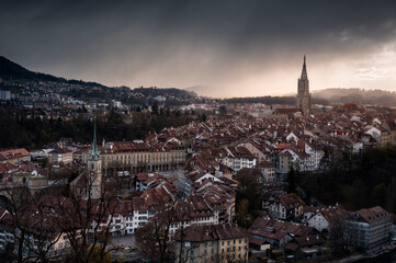 dramatic clouds over the oldtown of Bern in spring
