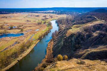 Fototapeta na wymiar aerial view to spring valley with Siverskyi Donets river
