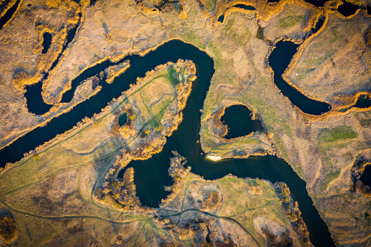 Aerial view to spring floodplain of Siverskyi Donets river. Directly above view