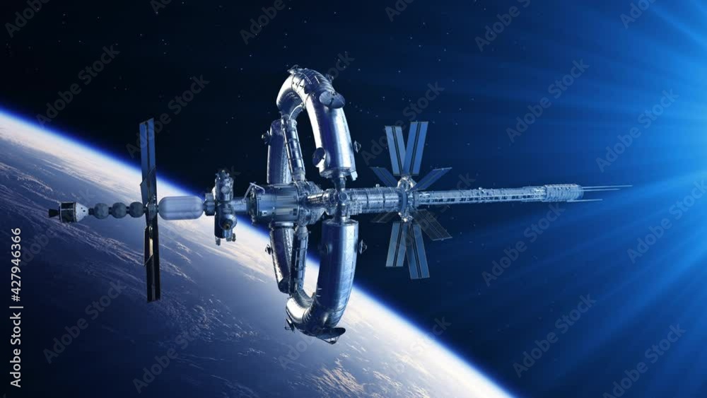 Poster Futuristic Space Station In The Rays Of Blue Light. 4K. 3D Animation.