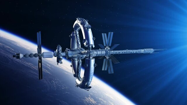 Futuristic Space Station In The Rays Of Blue Light. 4K. 3D Animation.