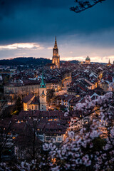 dusk over the oldcity of Bern with Berner Münster in spring