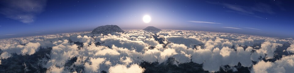 Cloudy landscape from a height of flight at sunrise, 3D rendering