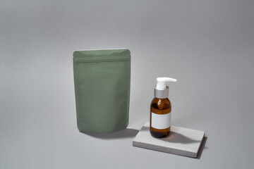 Skin care products in zip packet and dispenser bottle