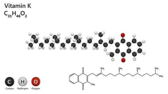 Chemical structure of Vitamin K (Phylloquinone). Formula: C31H46O2. 3D render. Seamless loop. Chemical structure model: Ball and Stick. White background.