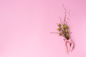 Spring bouquet tied with a ribbon. Copy space. © Vitalina